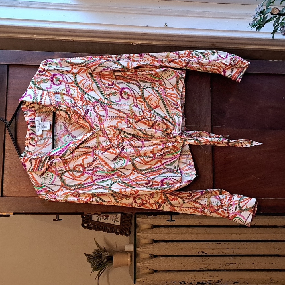 Rachel Zoe size S artsy orange pink and green tie long sleeve blouse